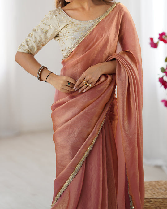 Peach Fendy Satin Sequins Handwork Laceborder Saree With Blouse Piece