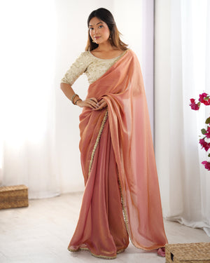 Peach Fendy Satin Sequins Handwork Laceborder Saree With Blouse Piece