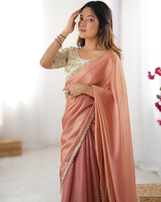 Peach Fendy Satin Sequins Handwork Laceborder Saree With Blouse Piece
