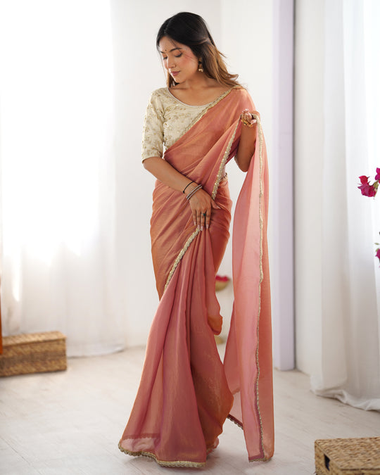 Peach Fendy Satin Sequins Handwork Laceborder Saree With Blouse Piece