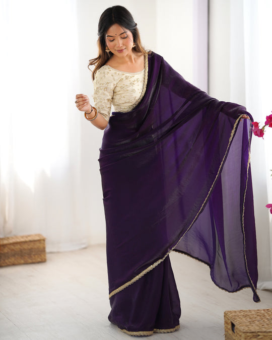 Purple Fendy Satin Sequins Handwork Laceborder Saree With Blouse Piece
