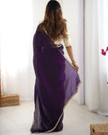 Purple Fendy Satin Sequins Handwork Laceborder Saree With Blouse Piece