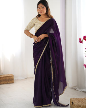 Purple Fendy Satin Sequins Handwork Laceborder Saree With Blouse Piece