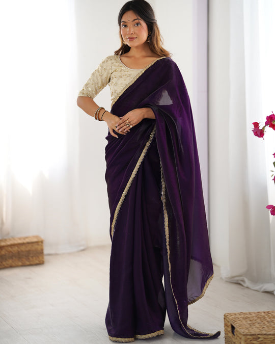 Purple Fendy Satin Sequins Handwork Laceborder Saree With Blouse Piece