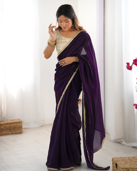 Purple Fendy Satin Sequins Handwork Laceborder Saree With Blouse Piece