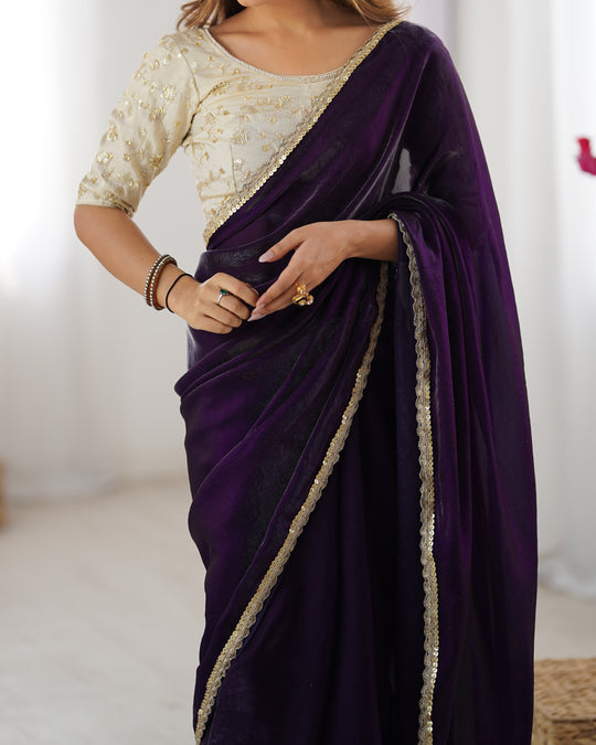 Purple Fendy Satin Sequins Handwork Laceborder Saree With Blouse Piece