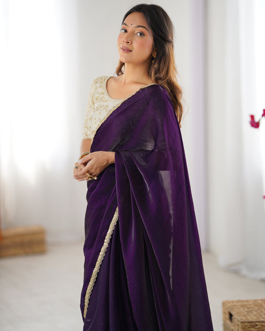 Purple Fendy Satin Sequins Handwork Laceborder Saree With Blouse Piece