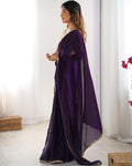 Purple Fendy Satin Sequins Handwork Laceborder Saree With Blouse Piece
