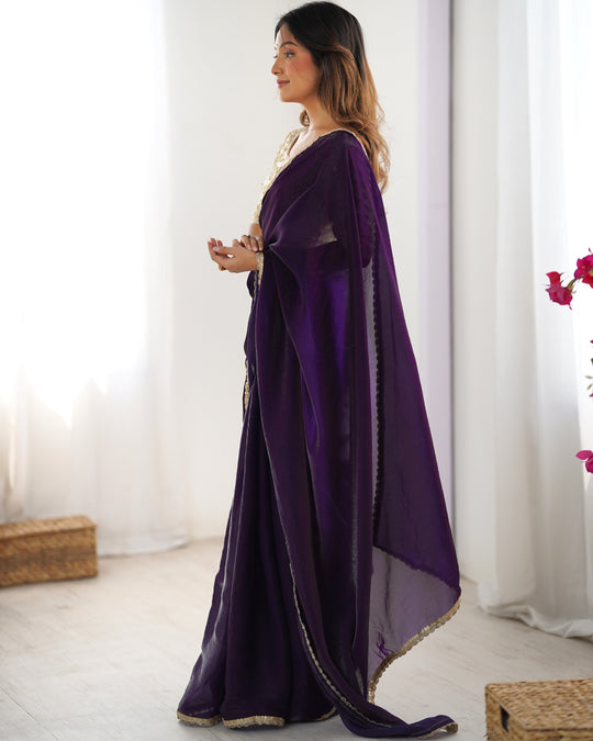 Purple Fendy Satin Sequins Handwork Laceborder Saree With Blouse Piece