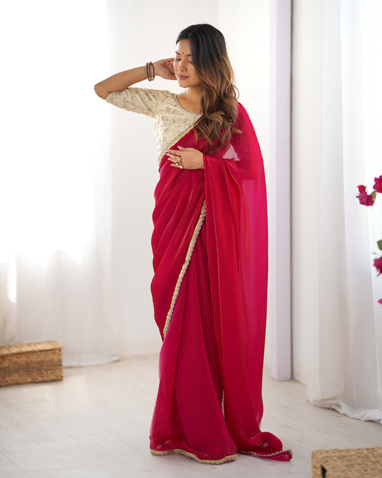 Pink Fendy Satin Sequins Handwork Laceborder Saree With Blouse Piece