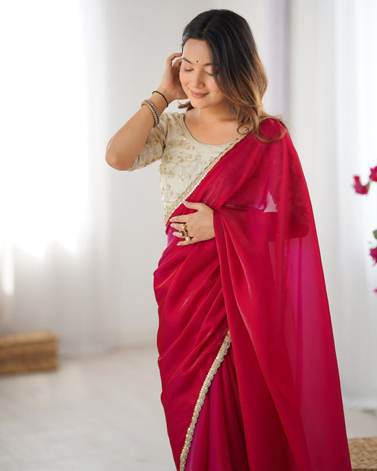 Pink Fendy Satin Sequins Handwork Laceborder Saree With Blouse Piece