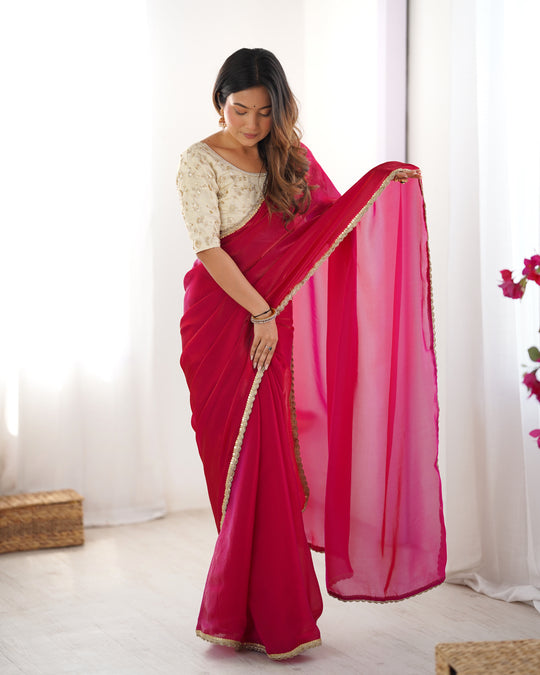 Pink Fendy Satin Sequins Handwork Laceborder Saree With Blouse Piece