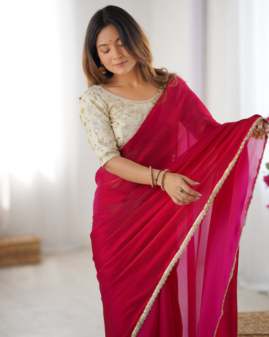 Pink Fendy Satin Sequins Handwork Laceborder Saree With Blouse Piece