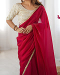 Pink Fendy Satin Sequins Handwork Laceborder Saree With Blouse Piece