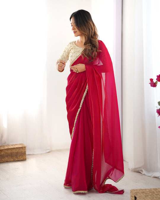 Pink Fendy Satin Sequins Handwork Laceborder Saree With Blouse Piece