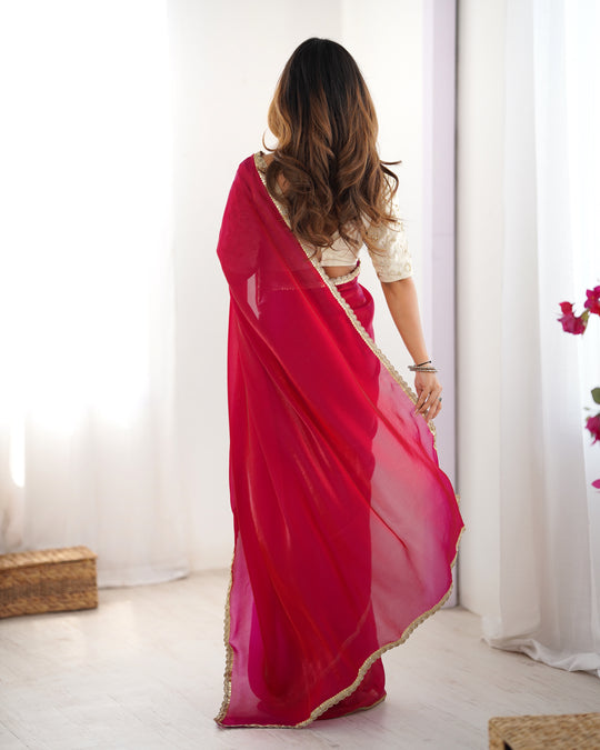 Pink Fendy Satin Sequins Handwork Laceborder Saree With Blouse Piece