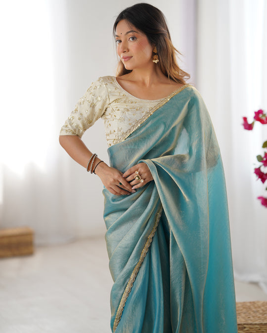 Sea Green Fendy Satin Sequins Handwork Laceborder Saree With Blouse Piece