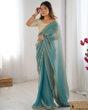 Sea Green Fendy Satin Sequins Handwork Laceborder Saree With Blouse Piece