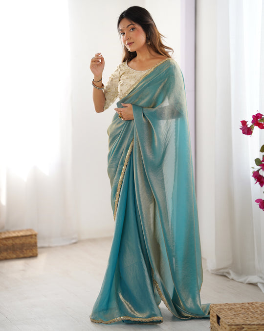 Sea Green Fendy Satin Sequins Handwork Laceborder Saree With Blouse Piece