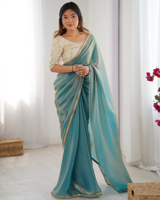 Sea Green Fendy Satin Sequins Handwork Laceborder Saree With Blouse Piece