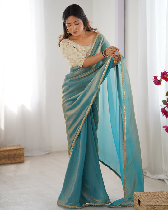 Sea Green Fendy Satin Sequins Handwork Laceborder Saree With Blouse Piece