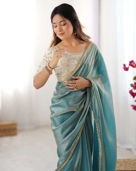 Sea Green Fendy Satin Sequins Handwork Laceborder Saree With Blouse Piece