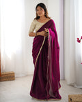 Maroon Fendy Satin Sequins Handwork Laceborder Saree With Blouse Piece