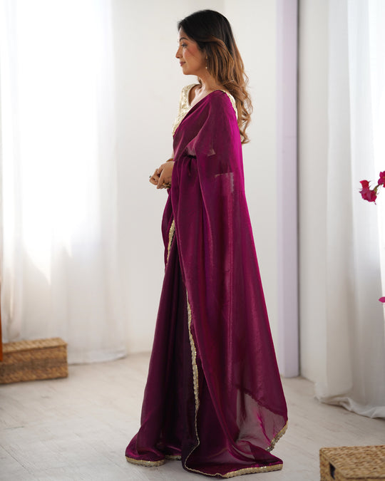 Maroon Fendy Satin Sequins Handwork Laceborder Saree With Blouse Piece