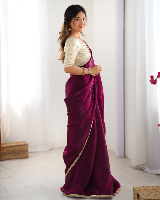 Maroon Fendy Satin Sequins Handwork Laceborder Saree With Blouse Piece