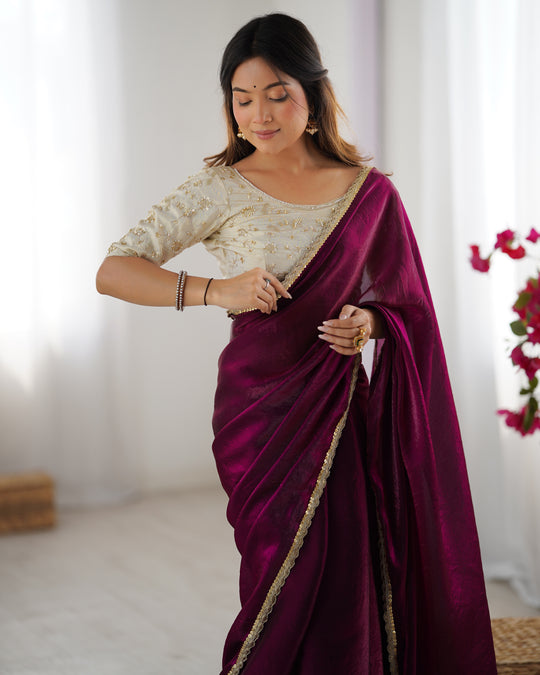 Maroon Fendy Satin Sequins Handwork Laceborder Saree With Blouse Piece