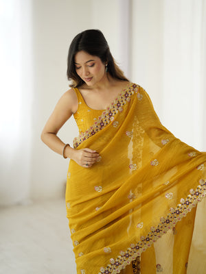 Yellow Crunchy 3 Mm Seqwance Work 
Saree With Blouse Piece
