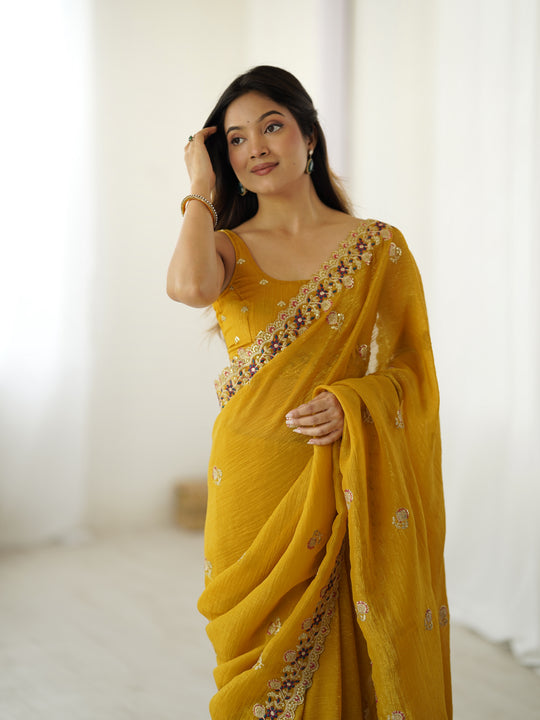 Yellow Crunchy 3 Mm Seqwance Work 
Saree With Blouse Piece