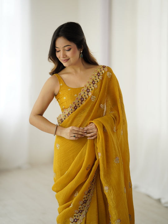 Yellow Crunchy 3 Mm Seqwance Work 
Saree With Blouse Piece