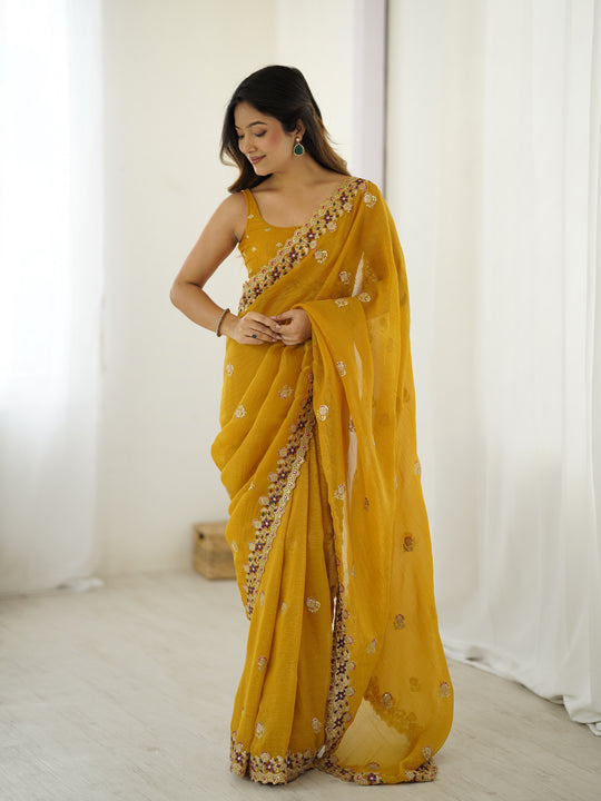 Yellow Crunchy 3 Mm Seqwance Work 
Saree With Blouse Piece