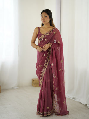 Pink Crunchy 3 Mm Seqwance Work 
Saree With Blouse Piece