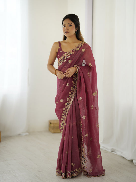 Pink Crunchy 3 Mm Seqwance Work 
Saree With Blouse Piece