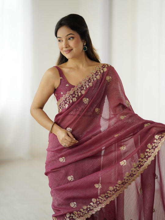 Pink Crunchy 3 Mm Seqwance Work 
Saree With Blouse Piece