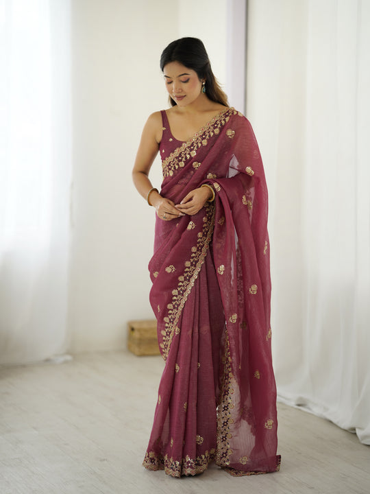 Pink Crunchy 3 Mm Seqwance Work 
Saree With Blouse Piece