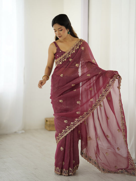 Pink Crunchy 3 Mm Seqwance Work 
Saree With Blouse Piece