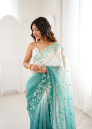 Sea Green Crunchy Seqwance Work And Arco Bordersaree With Blouse Piece