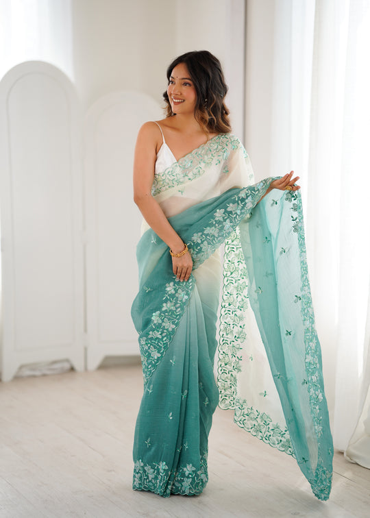 Sea Green Crunchy Seqwance Work And Arco Bordersaree With Blouse Piece