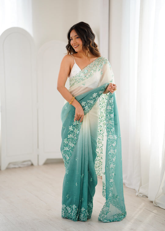 Sea Green Crunchy Seqwance Work And Arco Bordersaree With Blouse Piece