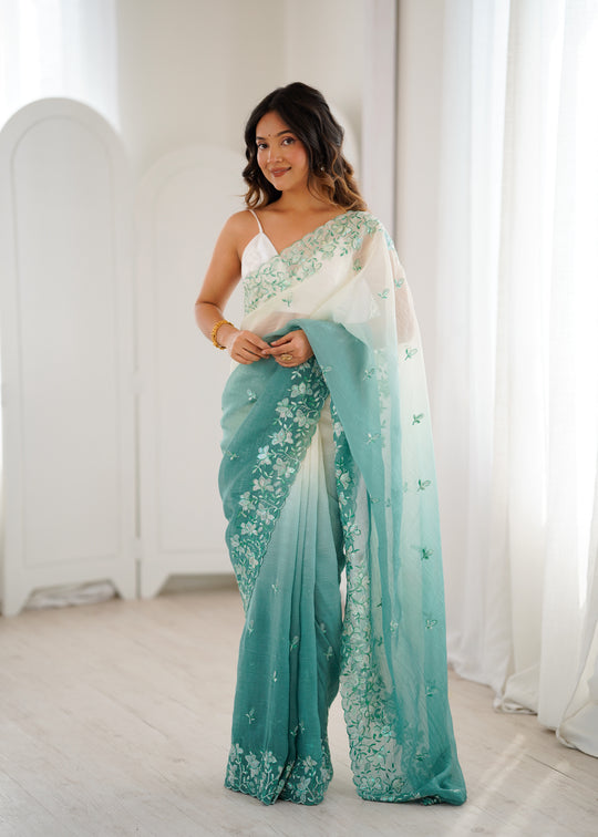 Sea Green Crunchy Seqwance Work And Arco Bordersaree With Blouse Piece