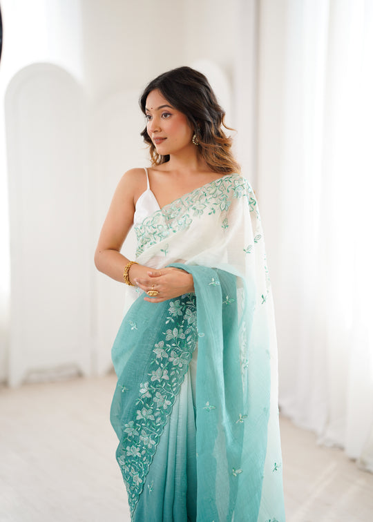 Sea Green Crunchy Seqwance Work And Arco Bordersaree With Blouse Piece