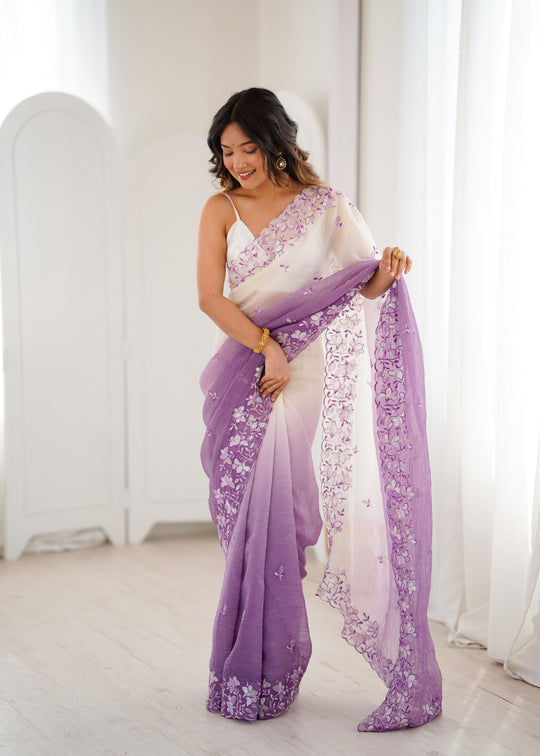 Lavender Crunchy Seqwance Work And Arco Bordersaree With Blouse Piece