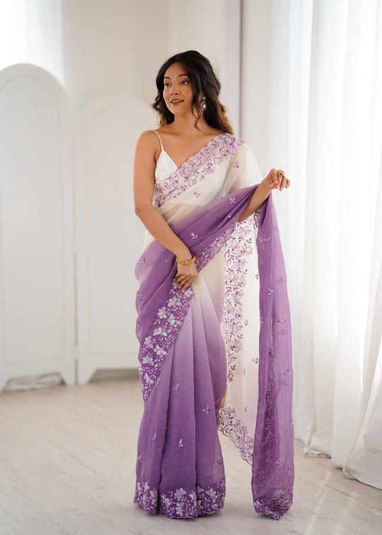 Lavender Crunchy Seqwance Work And Arco Bordersaree With Blouse Piece