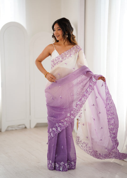 Lavender Crunchy Seqwance Work And Arco Bordersaree With Blouse Piece