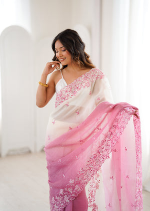 Pink Crunchy Seqwance Work And Arco Bordersaree With Blouse Piece