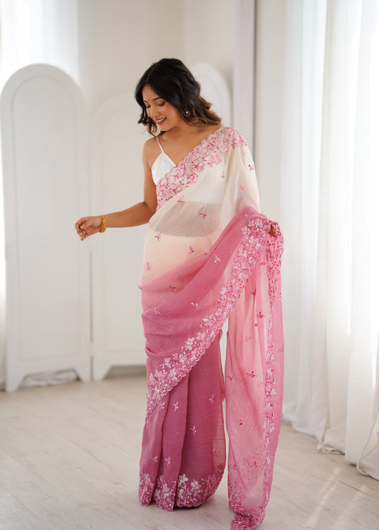 Pink Crunchy Seqwance Work And Arco Bordersaree With Blouse Piece