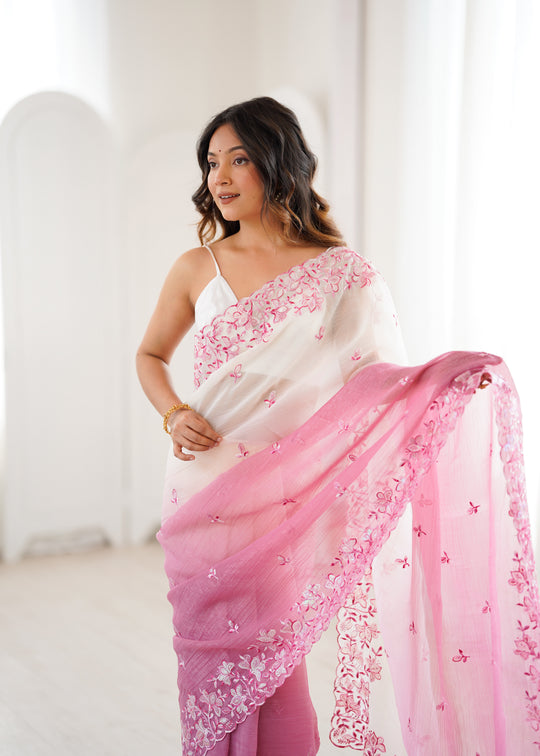 Pink Crunchy Seqwance Work And Arco Bordersaree With Blouse Piece